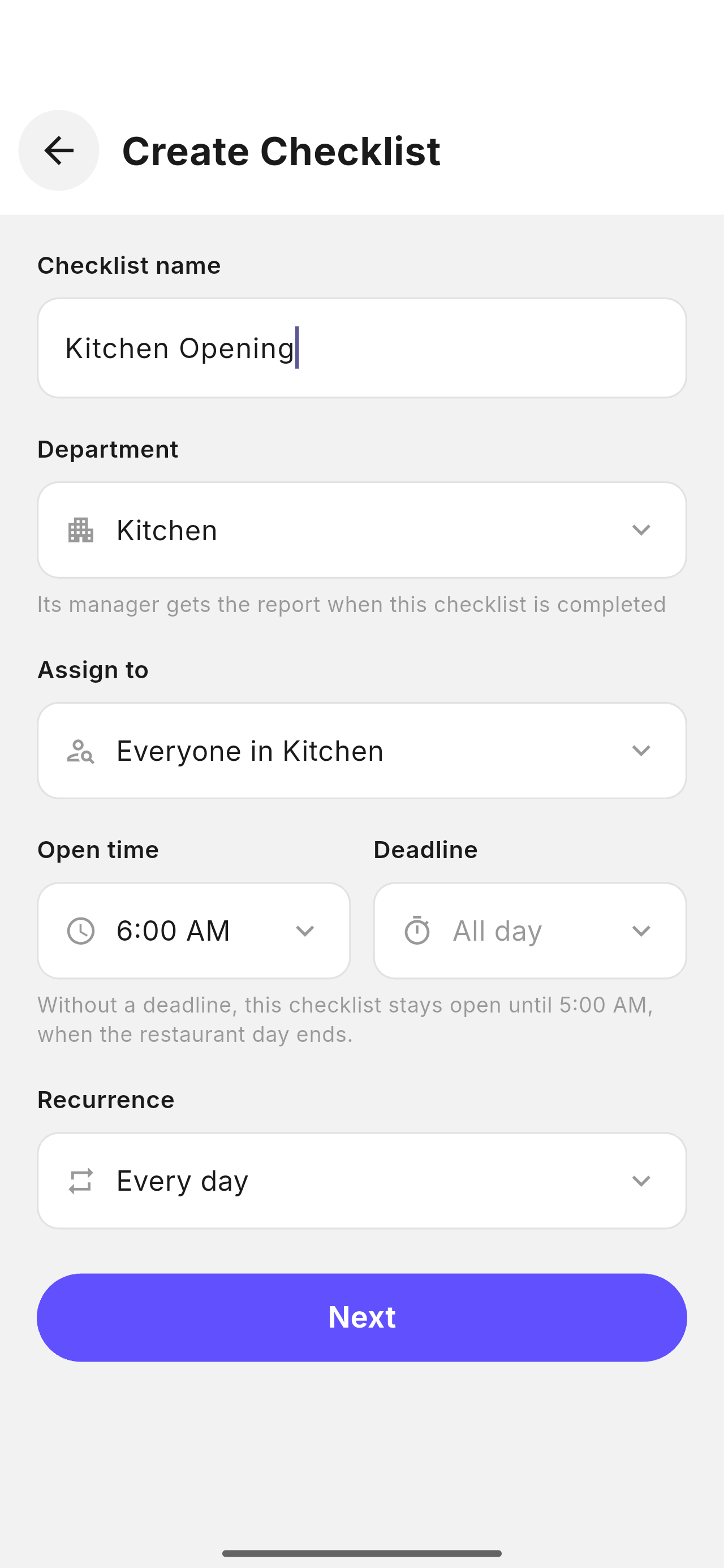 Creating a checklist with an opening time in Klip